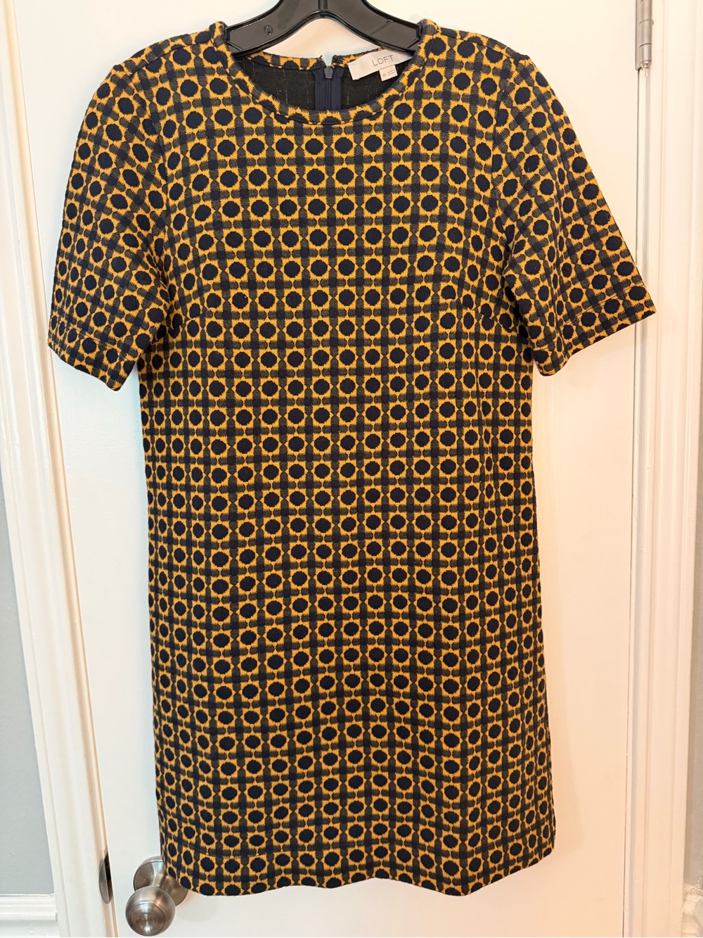 LOFT Navy and Yellow Geometric Short-Sleeve Shift Dress